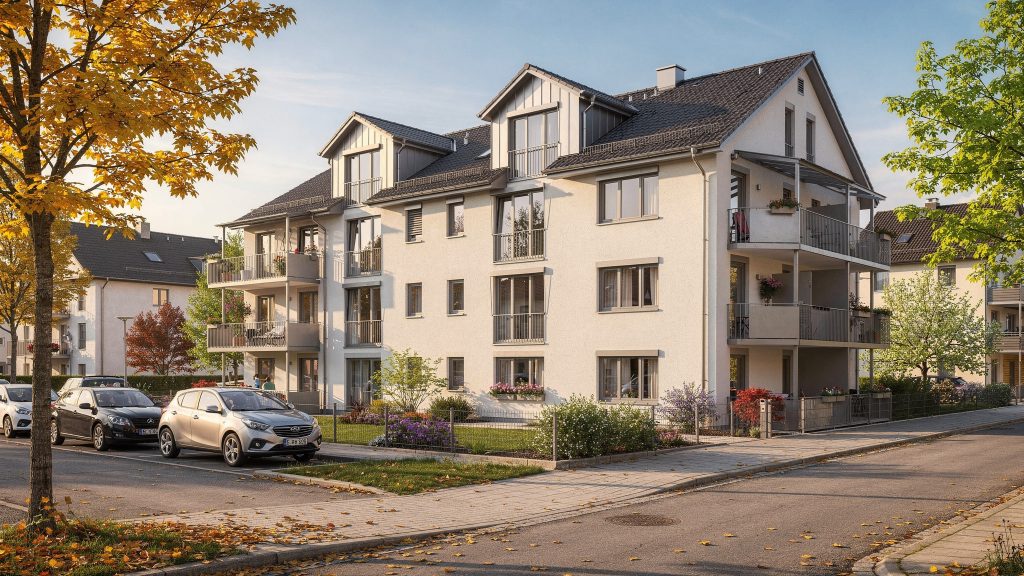 Zeigt das typische Objekt (Mehrfamilienhaus/WEG), um das sich Hausverwaltung und Werterhalt drehen.