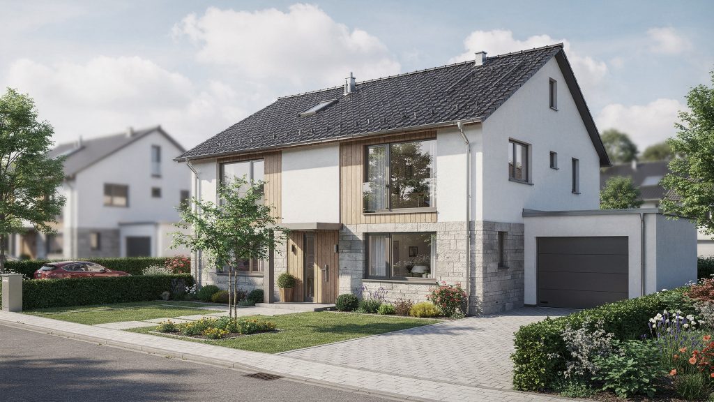 Visualisiert das Kernthema (Hausauf) und passt zur lokalen, stabilen Wohnlage in Rheinstetten.