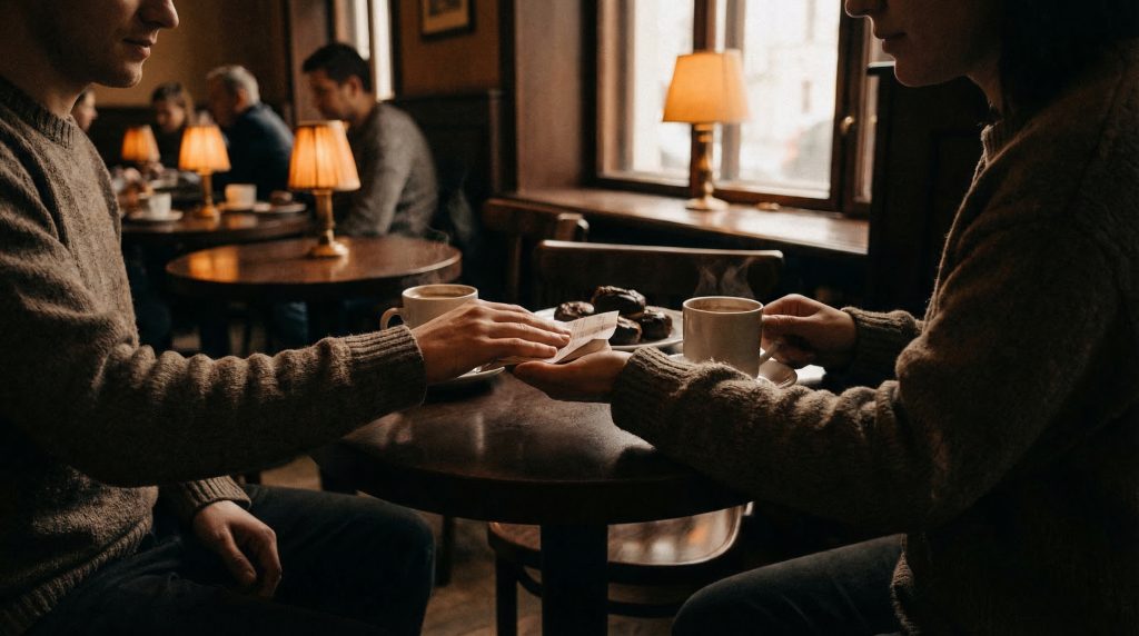 Dieses Bild zeigt die diskrete Art und Weise, wie ein Tippgeber wichtige Informationen in einem vertrauten Ambiente weitergeben kann.