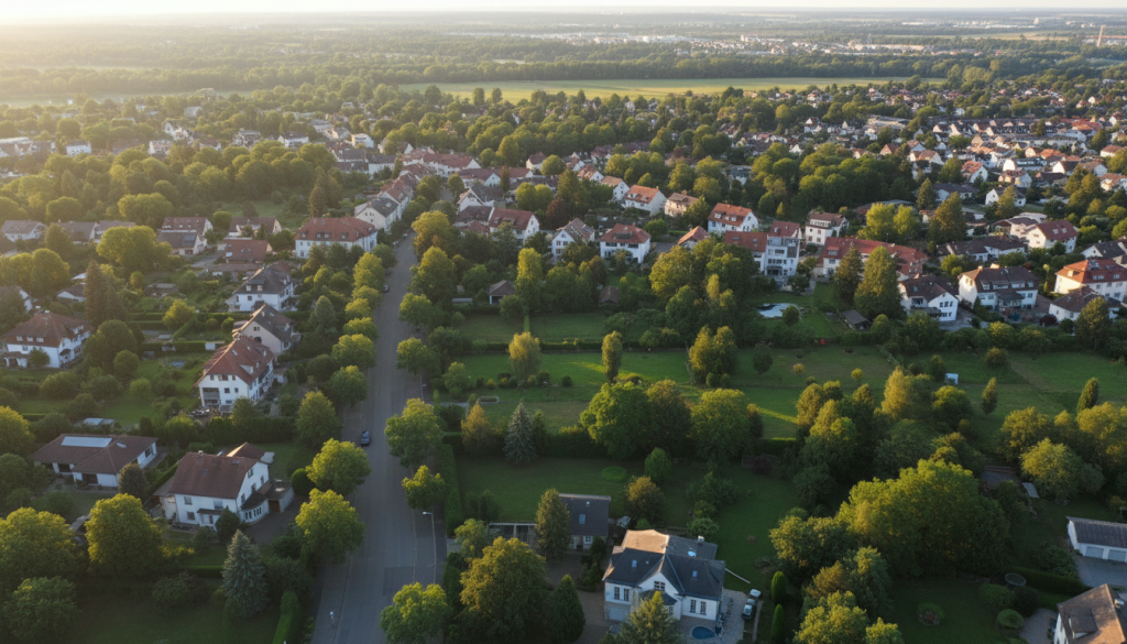 Das Bild gibt einen umfassenden Überblick über die unterschiedliche Wohnlage und vermittelt das Gefühl von Zugehörigkeit und Heimat, was für Käufer und Verkäufer gleichermaßen wichtig ist.