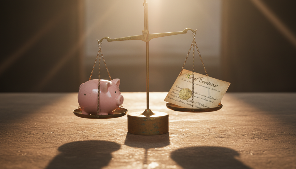 Die Waage visualisiert die Balance zwischen Sparen und Vertragsverpflichtungen, zentrale Themen bei der Immobilienfinanzierung.