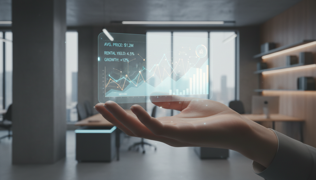 Dieses Bild visualisiert die digitale Zukunft des Immobilienmarkts als greifbare Innovation, vermittelt Vertrauen in Technologie und den transparenten Umgang mit Daten.