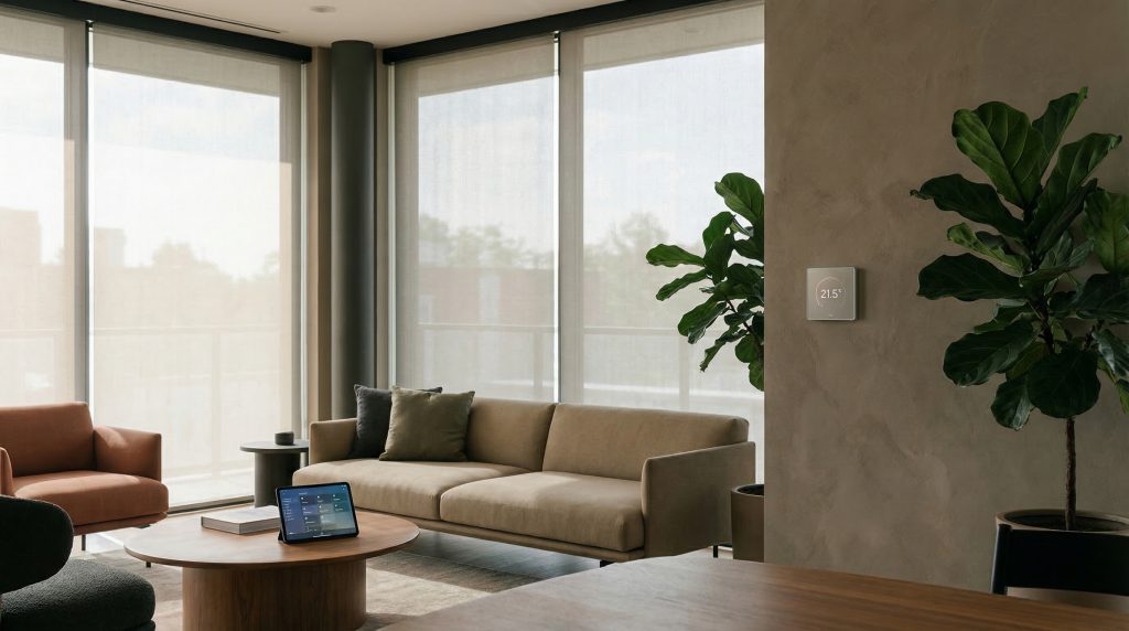 Diese Szene vermittelt den Komfort und die Integration moderner Technologie in den Alltag, ohne die Gemütlichkeit eines Zuhauses zu verlieren.