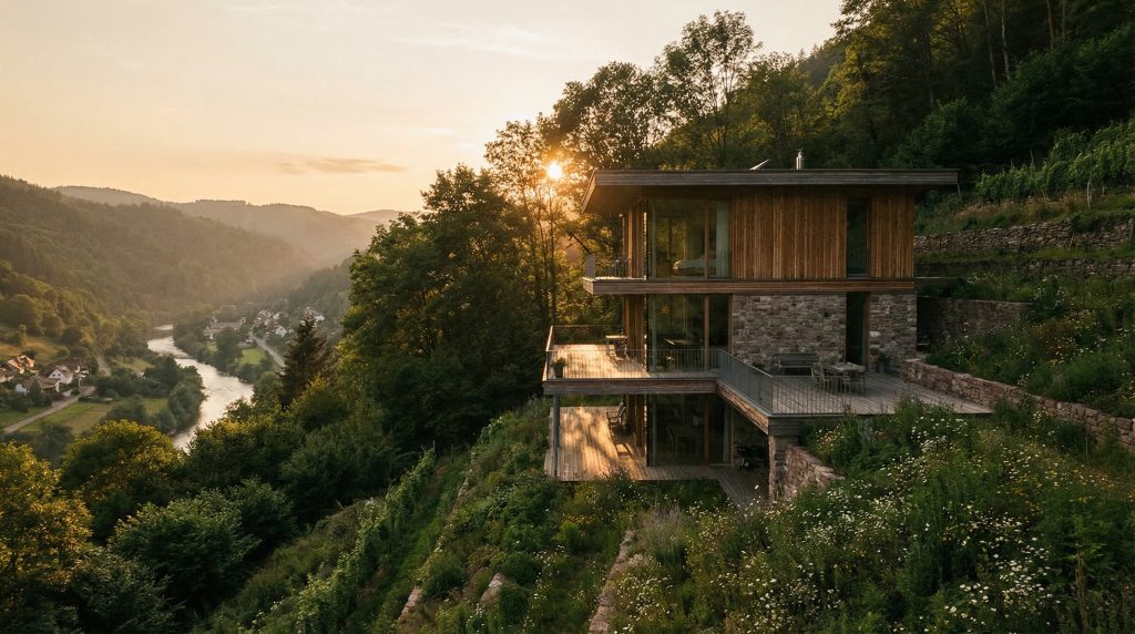 Dieses Bild vermittelt die exklusive Lage und den Reiz, den eine Hanglage im Murgtal haben kann, und spricht potentielle Käufer an, die Wert auf Aussicht und Ruhe legen.