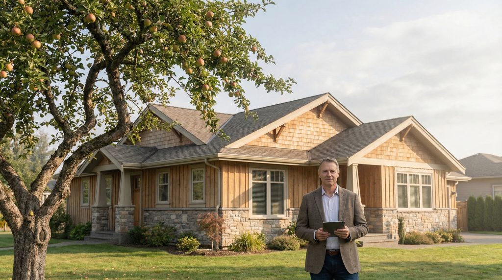 Das Motiv verbindet die Rolle des Gutachters direkt mit einer typischen Wohnimmobilie und macht das Thema Immobilienbewertung auf den ersten Blick verständlich. Das freistehende Haus mit Apfelbaum wirkt glaubwürdig, wohnlich und regional anschlussfähig, während die hochwertige, sachliche Bildsprache Kompetenz und Vertrauen vermittelt.