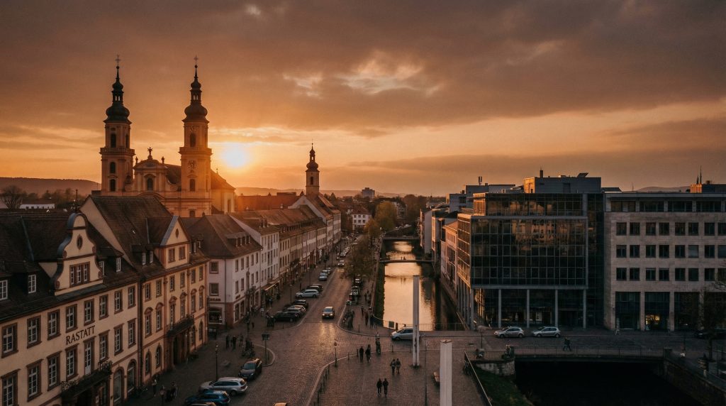 Dieses Bild fängt die Essenz der Stadt Rastatt ein und zeigt die architektonische Vielfalt, die für den Immobilienmarkt so entscheidend ist. Die warme Abendstimmung vermittelt den Wert und die Anziehungskraft des Standorts.