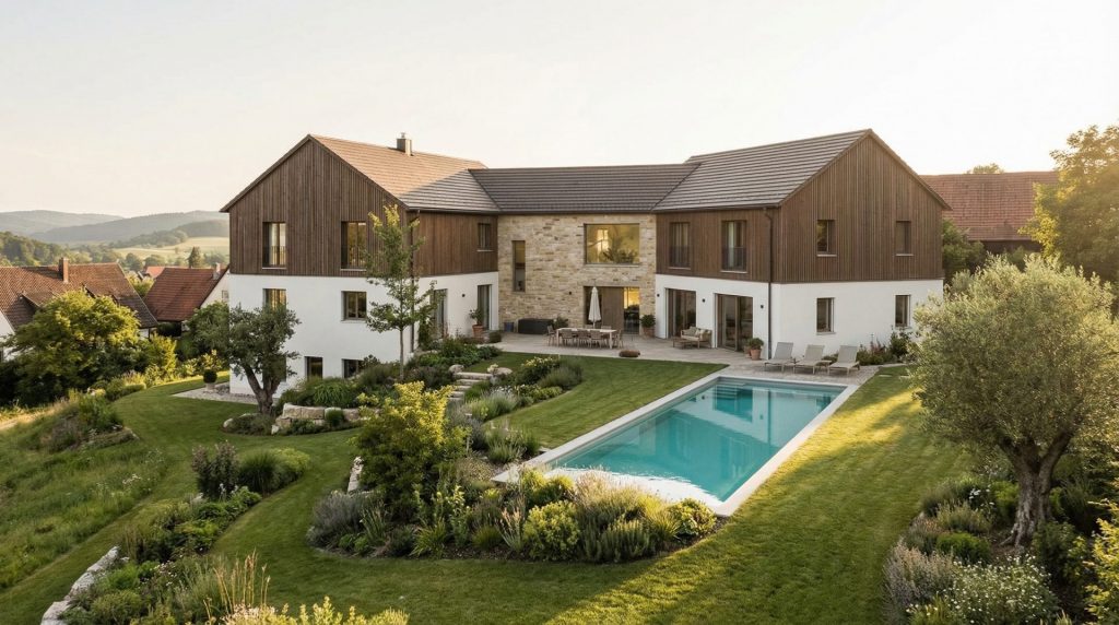 Das Motiv vermittelt sofort den Wunsch nach Eigentum und Wohnqualität, was ideal zu einem Artikel über den Hauskauf in Gernsbach passt. Das freistehende Haus mit Pool wirkt hochwertig, aber dennoch realistisch, und unterstützt Themen wie Lage, Preisniveau und Kaufstrategie durch eine attraktive, marktnahe Darstellung.