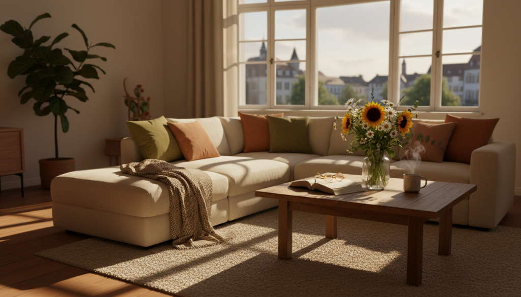 Dieses Bild vermittelt die Ruhe und den Wert einer Wohnung, die es zu verkaufen gilt. Die warme Lichtstimmung und die wohnliche Atmosphäre schaffen Vertrauen und laden den Betrachter ein, sich vorzustellen, hier zu leben und zu investieren.