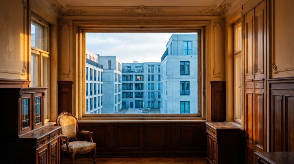 Das Bild visualisiert die Spannung und den Dialog zwischen Altbau und Neubau als zwei Welten, die sich gegenüberstehen und doch verbunden sind.