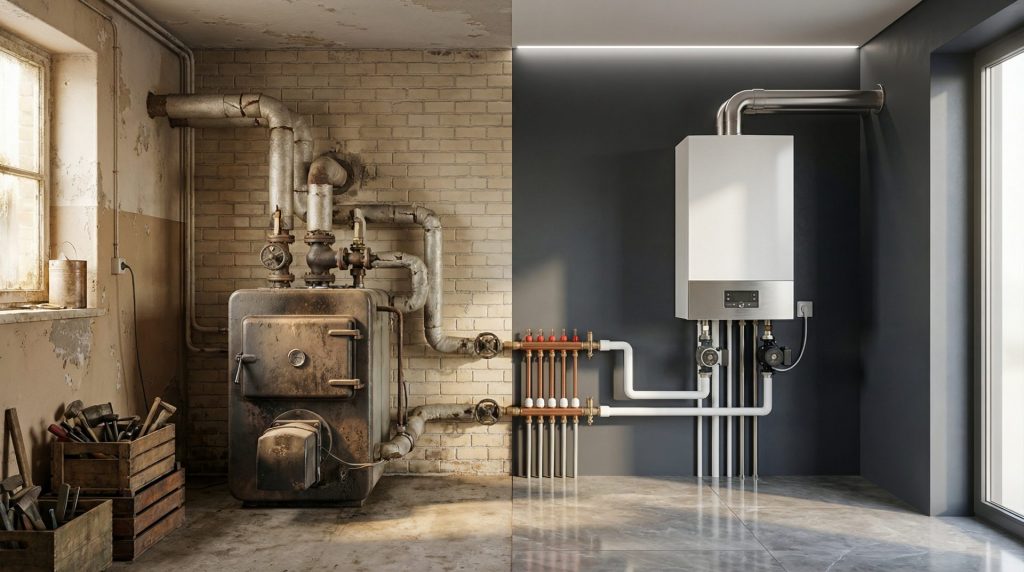 Das Motiv übersetzt das Thema des Artikels sofort verständlich: Es zeigt den Wandel von einer veralteten Heizlösung zu einer modernen Anlage und macht damit die neuen Anforderungen und den Modernisierungsdruck für Eigentümer visuell greifbar. Der direkte Kontrast im selben Heizraum wirkt informativ, hochwertig und editorial statt technisch trocken.