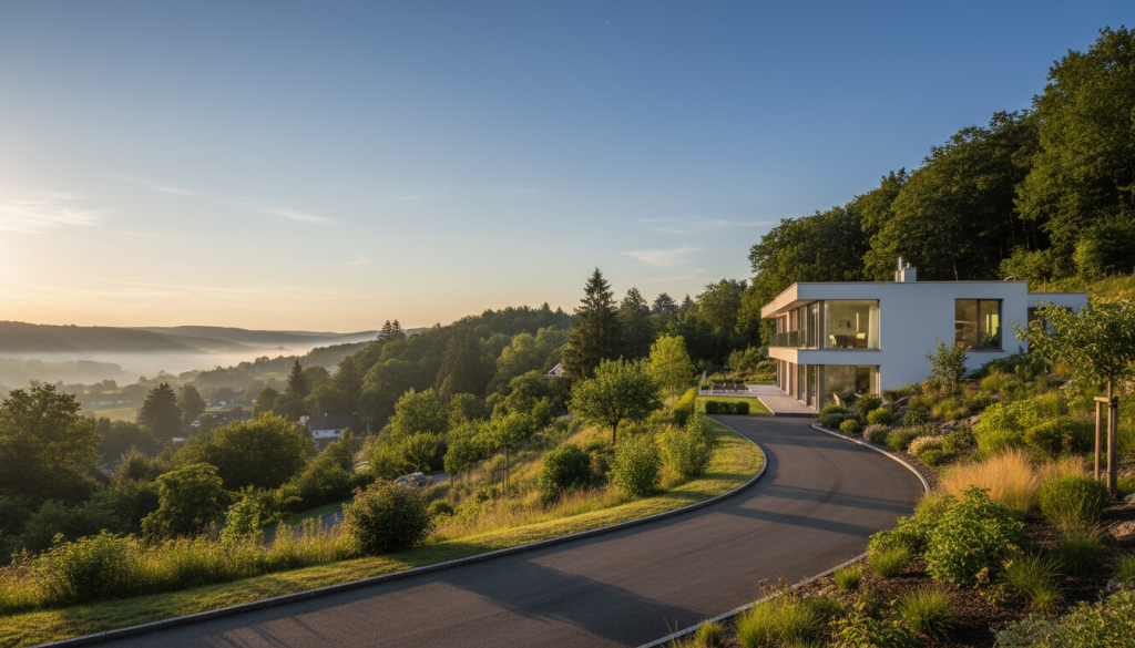 Diese Komposition emotionalisiert die spezifische Mikrolage Gaggenaus und vermittelt den Wert einer guten Lage und Aussicht als Verkaufsargument mit einer eleganten, vertrauensvollen Stimmung.