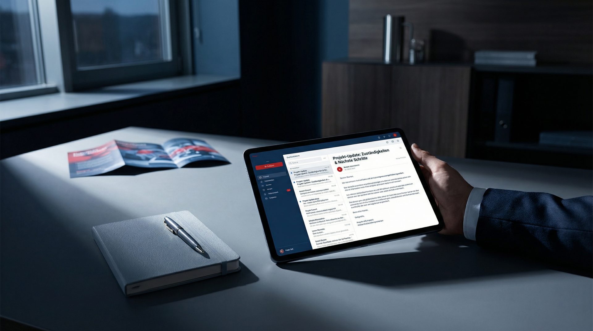 Hand hält Tablet mit klar strukturierter E-Mail zu Zuständigkeiten und nächsten Schritten, neben Notizbuch und Stift auf…