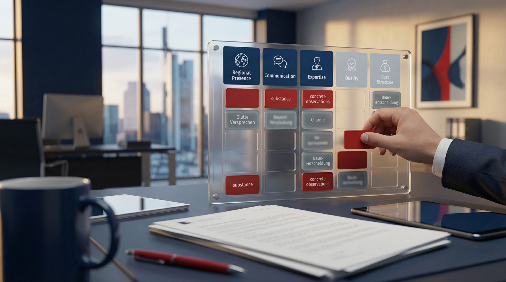Eine transparente Übersicht visualisiert fünf Kriterien für die Wahl einer Hausverwaltung in der Region, wobei Substanz,…