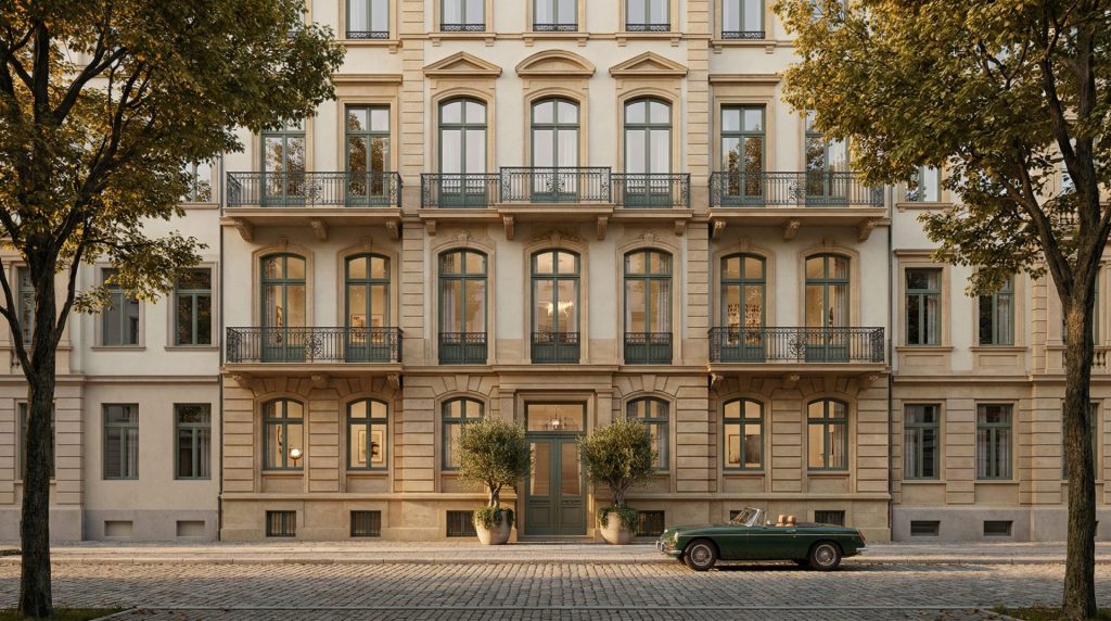 Das Motiv vermittelt auf den ersten Blick Qualität, Lage und Werthaltigkeit – genau die Faktoren, die bei der Wahl einer Hausverwaltung relevant sind. Ein gepflegter Altbau in einem gehobenen Viertel steht für professionelles Management, hohe Ansprüche und Vertrauen.