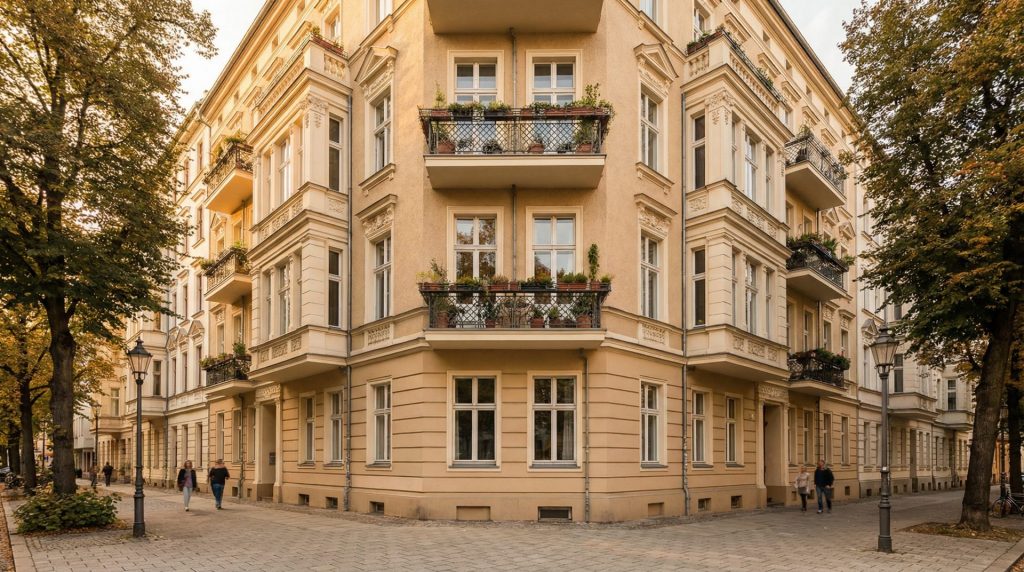 Das Motiv vermittelt sofort Wertigkeit, Lagequalität und gepflegte Substanz – genau die Aspekte, die bei der Wahl einer Hausverwaltung Vertrauen schaffen. Ein stilvoller Altbau in warmer Lichtstimmung wirkt einladend, hochwertig und regional verankert, ohne zu werblich zu erscheinen.