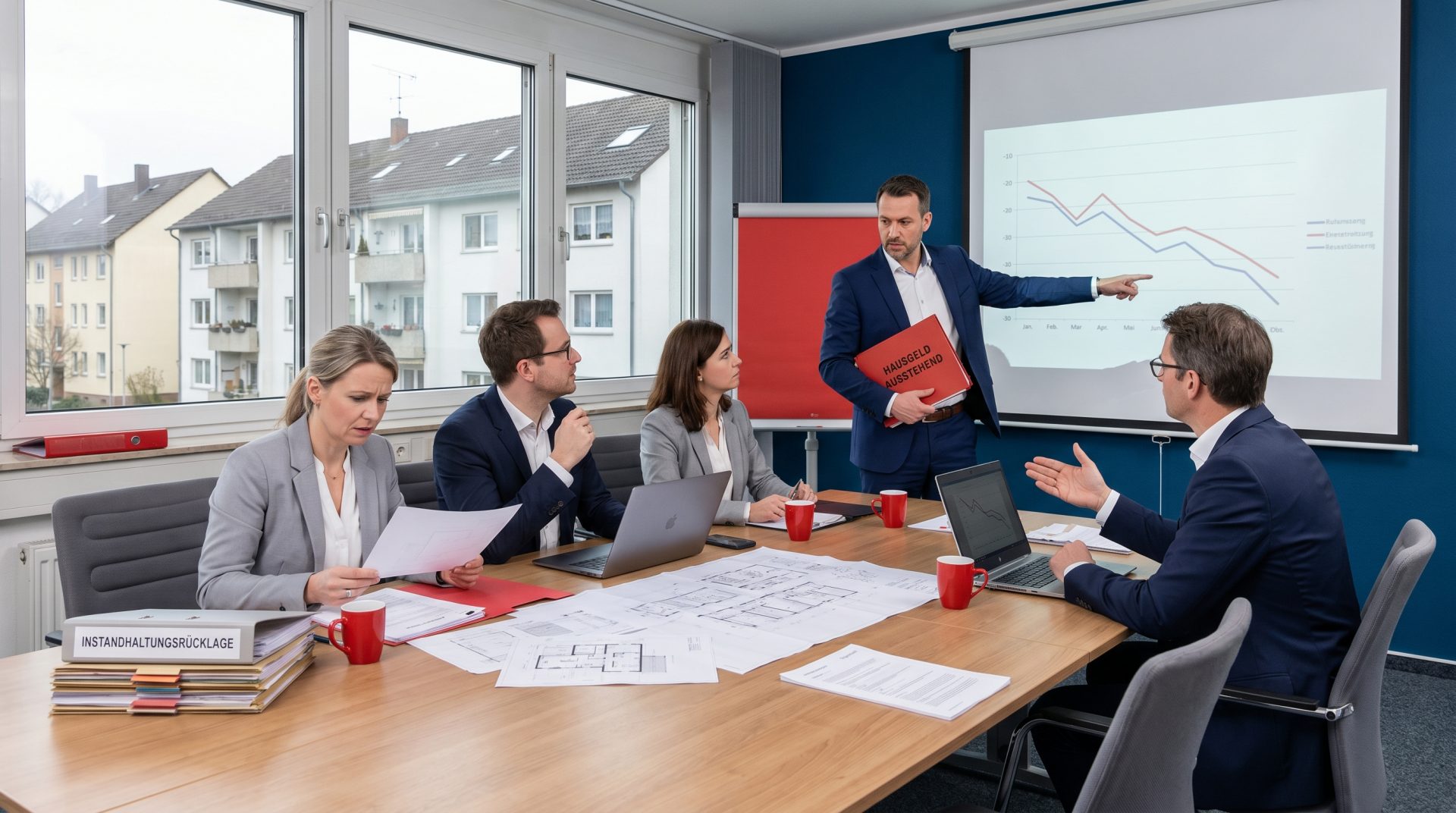 F&uuml;nf Fachleute in einem modernen Besprechungsraum analysieren Diagramme und Dokumente, um L&ouml;sungen f&uuml;r typische Probleme&hellip;