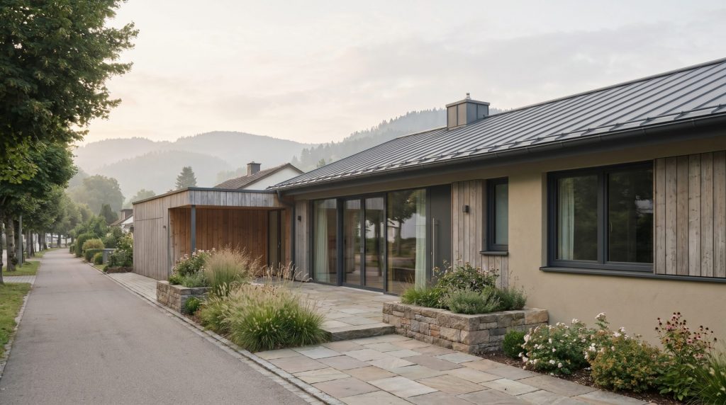 Das Bild verbindet die zentrale Lage an der Kurpromenade mit dem modernisierten Zustand der Immobilie und vermittelt dadurch direkt die drei Kernthemen des Artikels: Lage, Zustand und Wert. Die hochwertige, klare Architektursprache wirkt exklusiv und glaubwürdig für ein Immobilienumfeld in Bad Herrenalb.