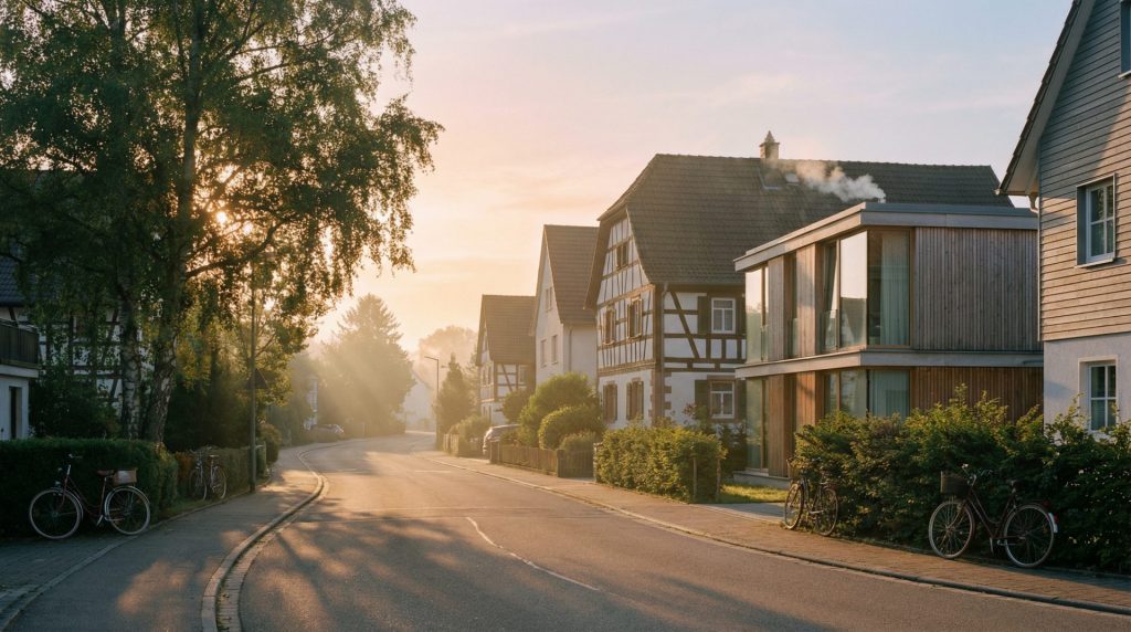 Dieses Bild vermittelt die warme Geborgenheit und Zukunftschancen des Wohnstandorts Malsch, indem es die Verbindung von Natur und Wohnqualität in einem vertrauensvollen Morgenlicht zeigt.