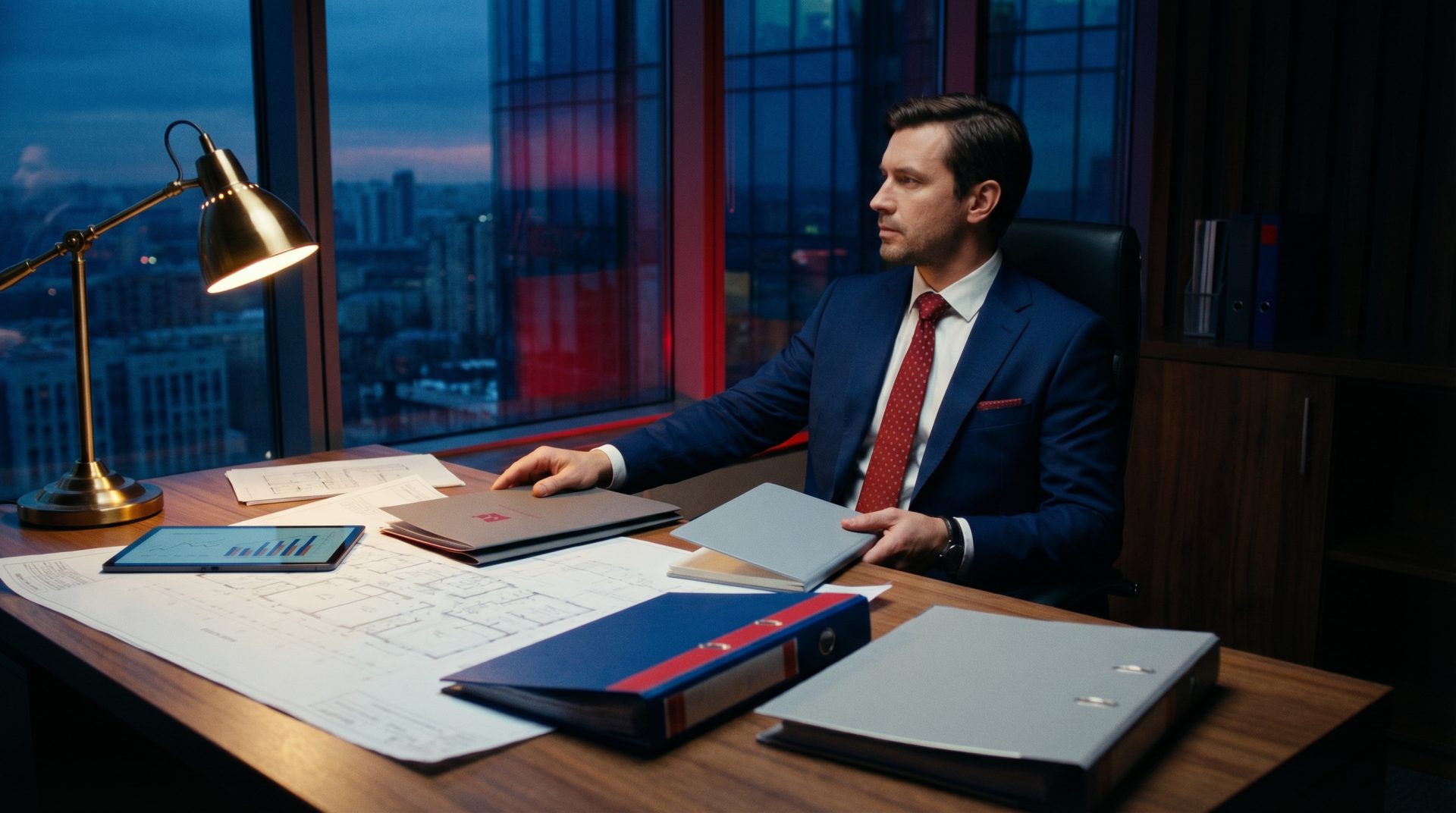 Ein Mann in Anzug pr&uuml;ft am Schreibtisch Baupl&auml;ne und Ordner, um fundierte Entscheidungen beim Immobilien verkaufen: Mit&hellip;