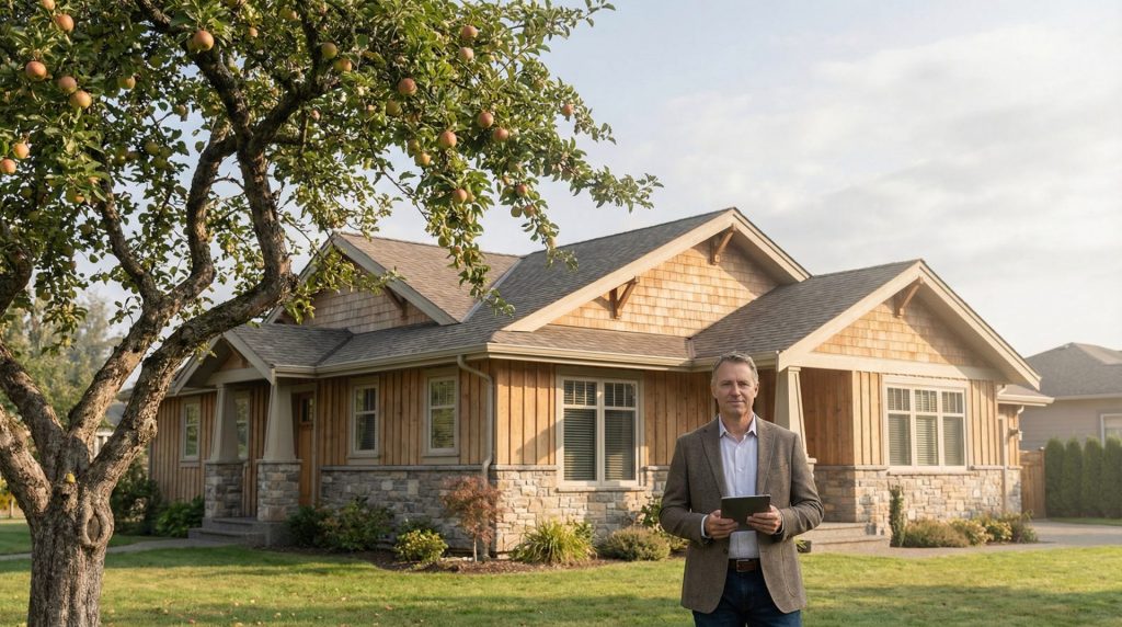 Das Motiv verbindet die Rolle des Gutachters direkt mit einer typischen Wohnimmobilie und macht das Thema Immobilienbewertung auf den ersten Blick verständlich. Das freistehende Haus mit Apfelbaum wirkt glaubwürdig, wohnlich und regional anschlussfähig, während die hochwertige, sachliche Bildsprache Kompetenz und Vertrauen vermittelt.