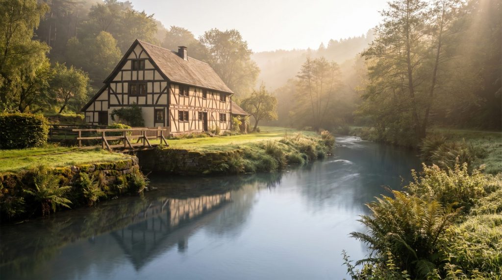 Das Motiv verbindet Regionalität, Bestand und Lagequalität auf elegante Weise: Ein gepflegtes älteres Fachwerkhaus direkt an der Murg veranschaulicht sehr gut, wie Architekturzustand, Umgebung und Flusslage den Immobilienwert im Murgtal prägen. Die hochwertige, ruhige Bildsprache passt ideal zu einem redaktionellen Artikel über unterschiedliche Immobilienbewertungen.