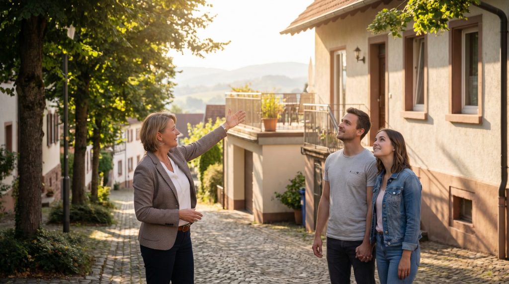 Diese Aufnahme erzählt die Geschichte von persönlicher Beratung und Vertrauen, das nur durch genaue Marktkenntnis und lokale Expertise entsteht – die emotionale Brücke zwischen Makler und Käufer wird sichtbar.