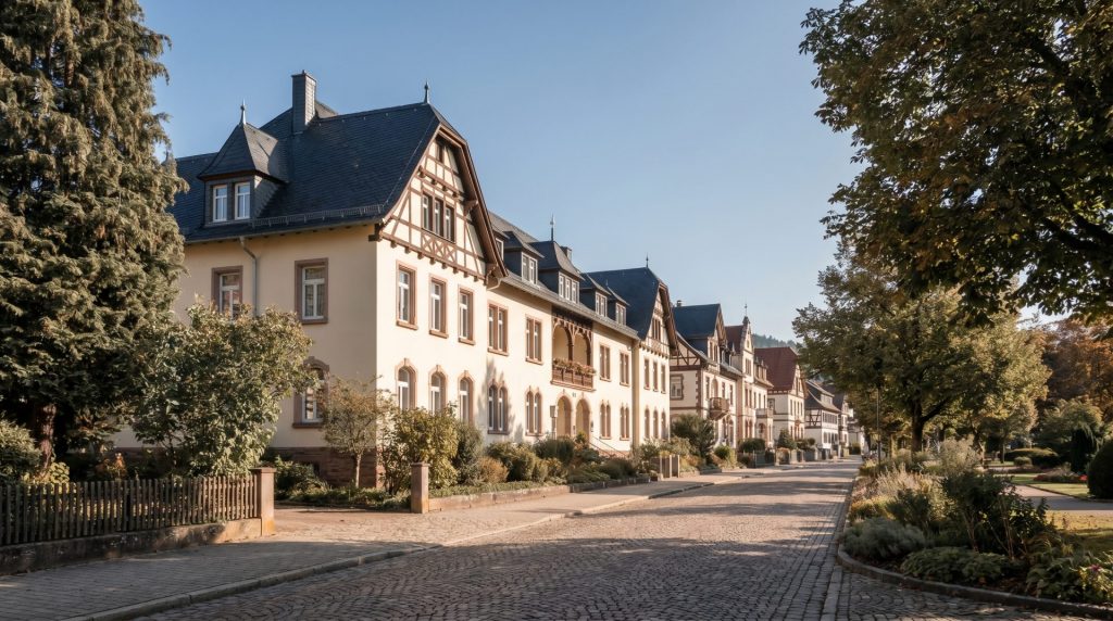 Das Motiv zeigt eine attraktive Wohnlage direkt am Kurpark und transportiert damit genau den Standortfaktor, der für die Einschätzung von Immobilienpreisen in Bad Herrenalb entscheidend ist. Die sonnige, hochwertige Darstellung vermittelt Wertigkeit, Ruhe und Lebensqualität – zentrale Aspekte für einen Artikel über die realistische Bewertung von Immobilien.