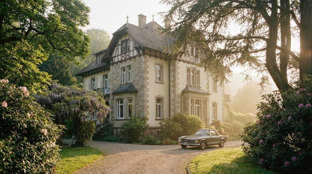 Das Bild vermittelt die Exklusivität und Eleganz der begehrten Villenlagen in Baden-Baden, ideal um den gehobenen Immobilienmarkt zu repräsentieren.