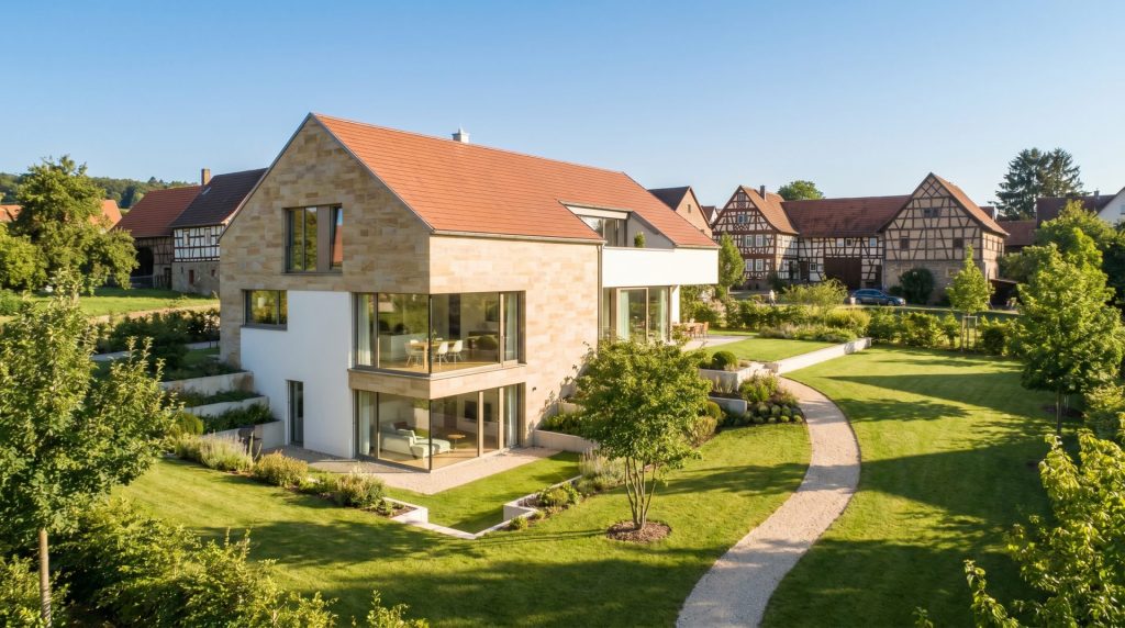 Das Motiv zeigt genau die zentralen Werttreiber einer Immobilie: ein freistehendes Haus, ein großes Grundstück und die begehrte Ortsrandlage. Die sonnige, hochwertige Inszenierung vermittelt Substanz, Wohnqualität und Marktwert – ideal als visuelle Klammer für einen Artikel über Immobilienpreise und die Frage, was eine Immobilie in Kuppenheim wert ist.