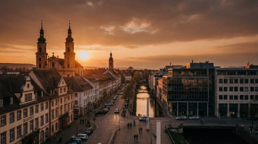 Dieses Bild fängt die Essenz der Stadt Rastatt ein und zeigt die architektonische Vielfalt, die für den Immobilienmarkt so entscheidend ist. Die warme Abendstimmung vermittelt den Wert und die Anziehungskraft des Standorts.