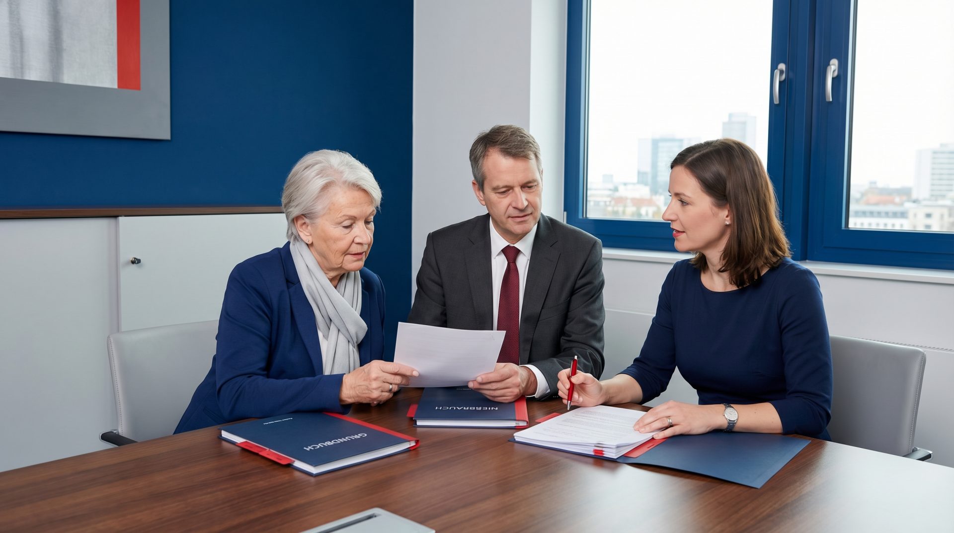 Drei Personen besprechen konzentriert Dokumente zu Nießbrauch beim Immobilienverkauf: Preis und Vermarktung, wobei…