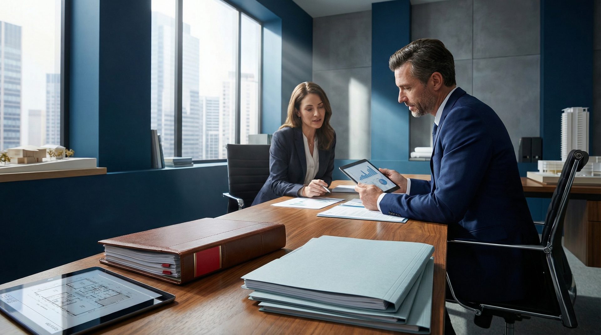 Zwei Fachleute analysieren digitale Daten und Dokumente in einem modernen Büro, um zu verdeutlichen, wie eine…