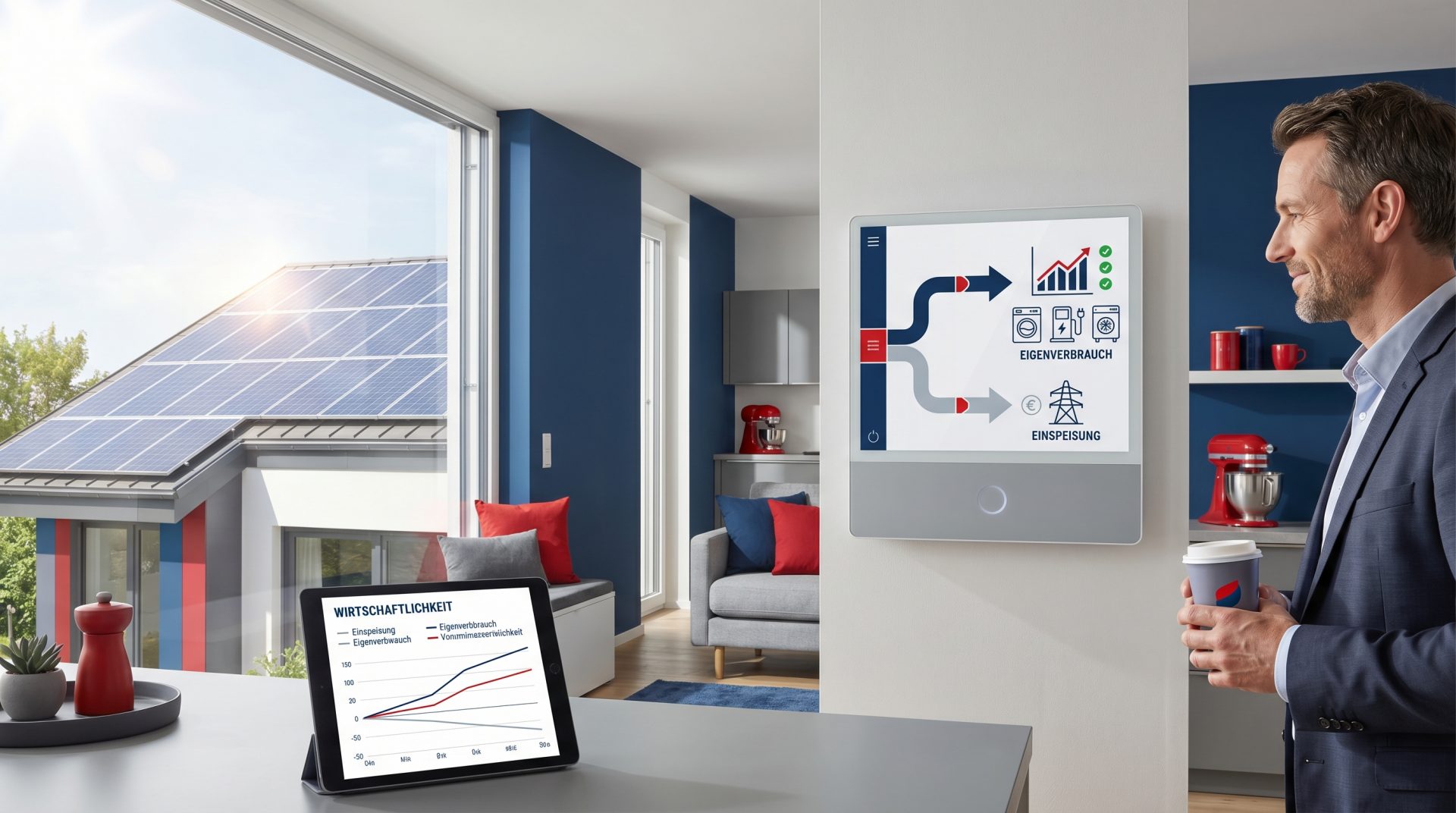 Moderne Photovoltaikanlage auf einem Hausdach visualisiert die Wirtschaftlichkeit durch steigenden Eigenverbrauch und&hellip;