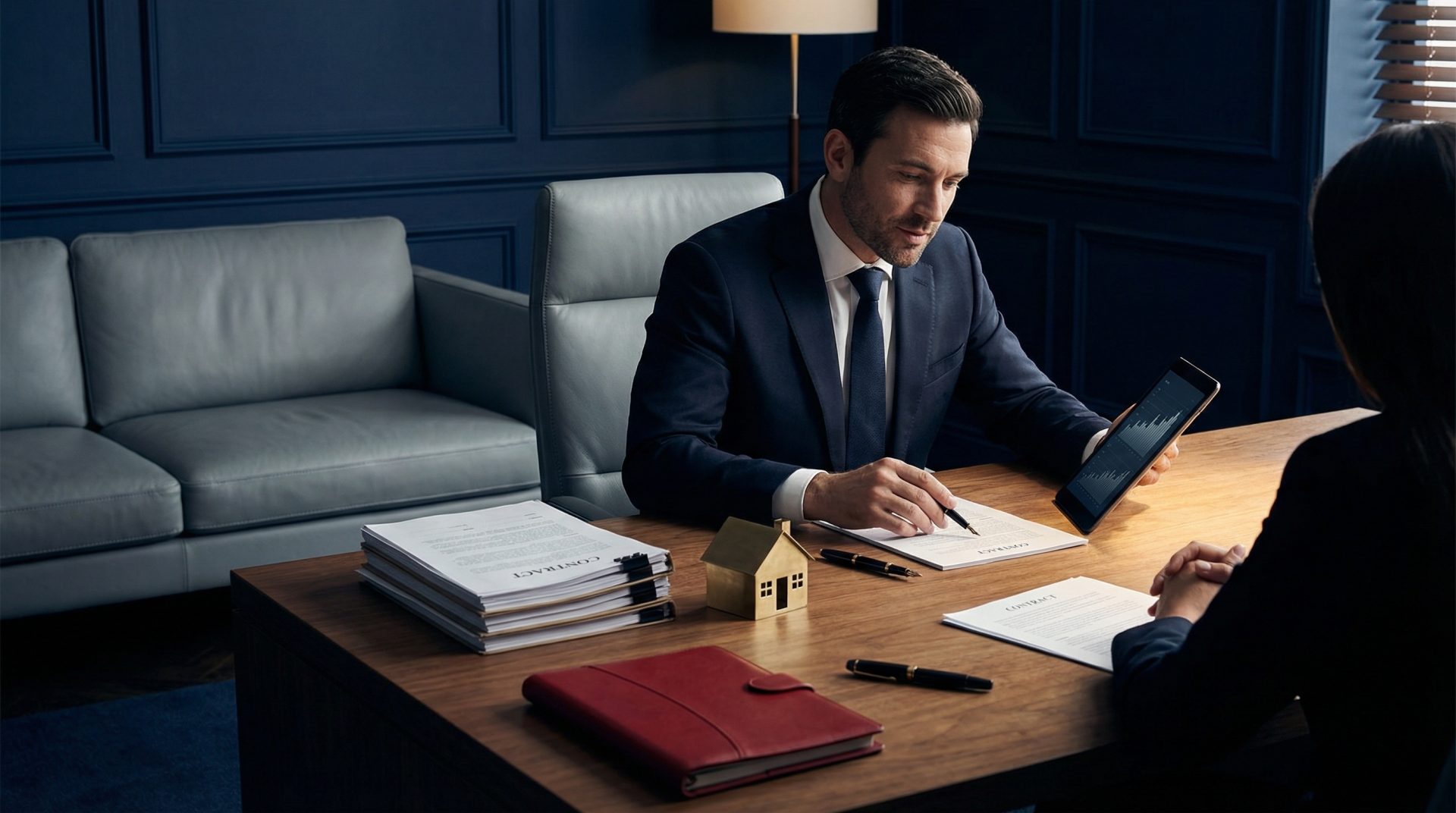 Ein Gesch&auml;ftsmann erl&auml;utert einer Kundin anhand von Vertragsunterlagen und Diagrammen auf einem Tablet, wie man als&hellip;