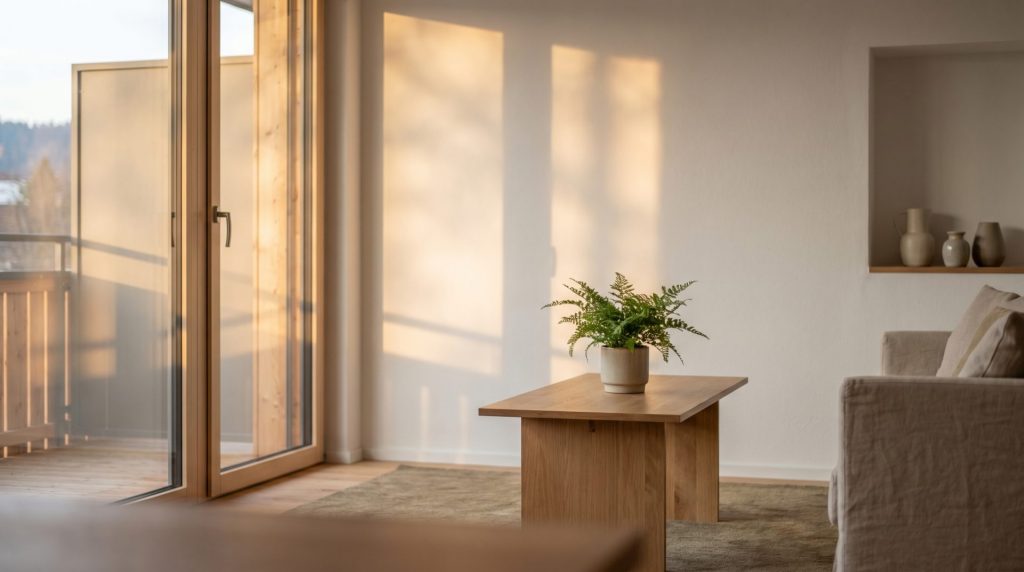 Das Bild erzählt die Geschichte von Sorgfalt und Wertigkeit durch warmes, einladendes Licht und klare Raumgestaltung – es visualisiert das Gefühl, in eine gepflegte Wohnung einzuziehen und schafft Vertrauen in den Verkaufsobjekt.