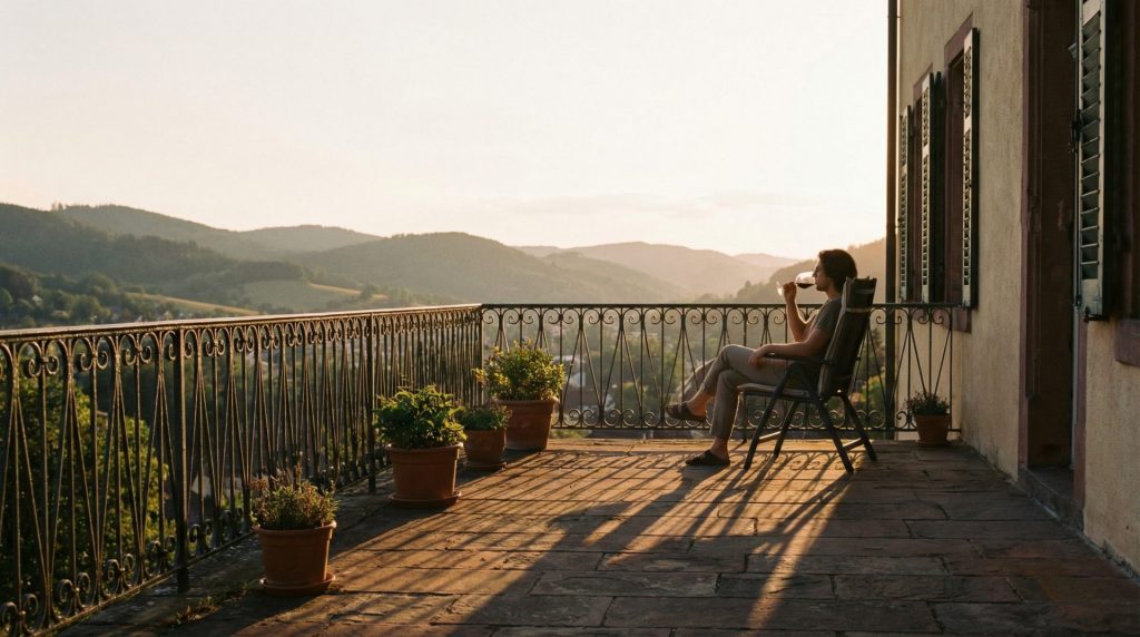 Die Abendsonne auf dem Balkon symbolisiert die Attraktivität bestimmter Wohnungseigenschaften für Käufer.