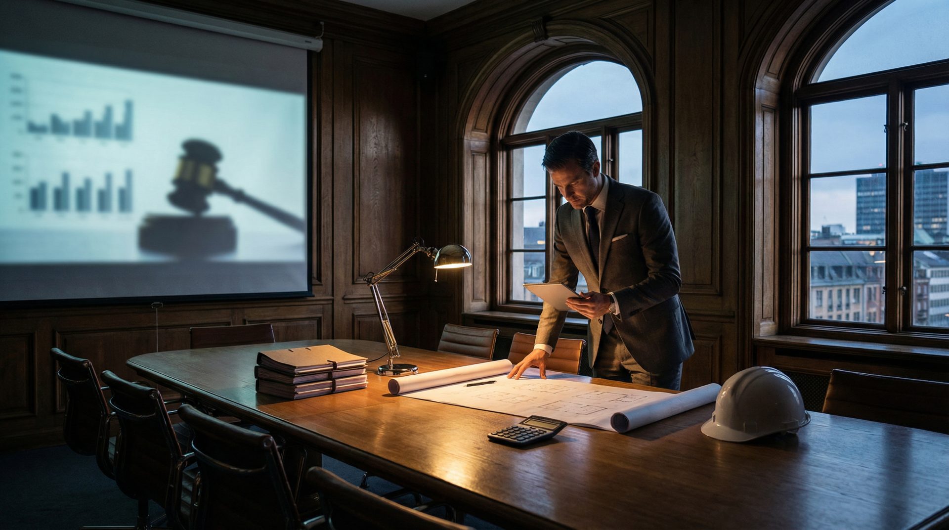Ein professionell gekleideter Mann pr&uuml;ft in einem Konferenzraum Baupl&auml;ne und Dokumente, symbolisch f&uuml;r die sorgf&auml;ltige&hellip;