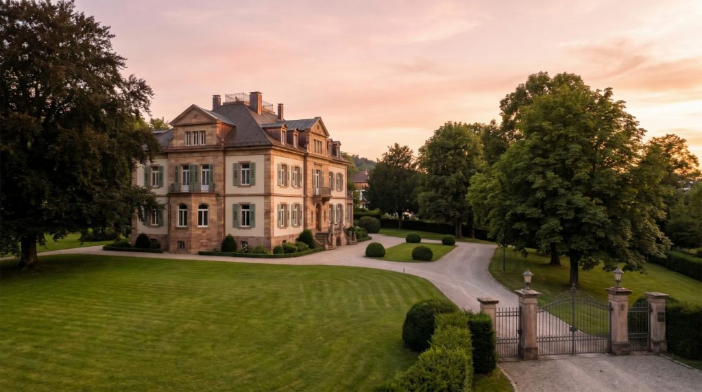 Das Motiv vermittelt sofort den Charakter einer hochwertigen Denkmalimmobilie in Baden-Baden: repräsentative Altbauarchitektur, ein weitläufiges Grundstück und die warme Abendstimmung erzeugen Wertigkeit, Ruhe und Exklusivität. Damit passt das Bild ideal zu einem Artikel über die strategische Planung beim Verkauf einer solchen Immobilie.