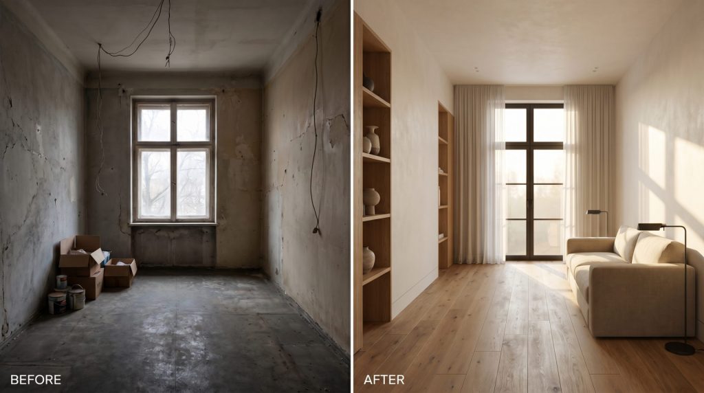 Das Vorher-Nachher-Motiv transportiert die Kernidee von Fix-and-Flip sofort: aus einer sanierungsbedürftigen Wohnung wird durch kluge Investition ein attraktives, wertsteigerndes Objekt. Die direkte Gegenüberstellung macht Potenzial, Renovierungswirkung und den finanziellen Hebel des Modells visuell auf einen Blick verständlich.