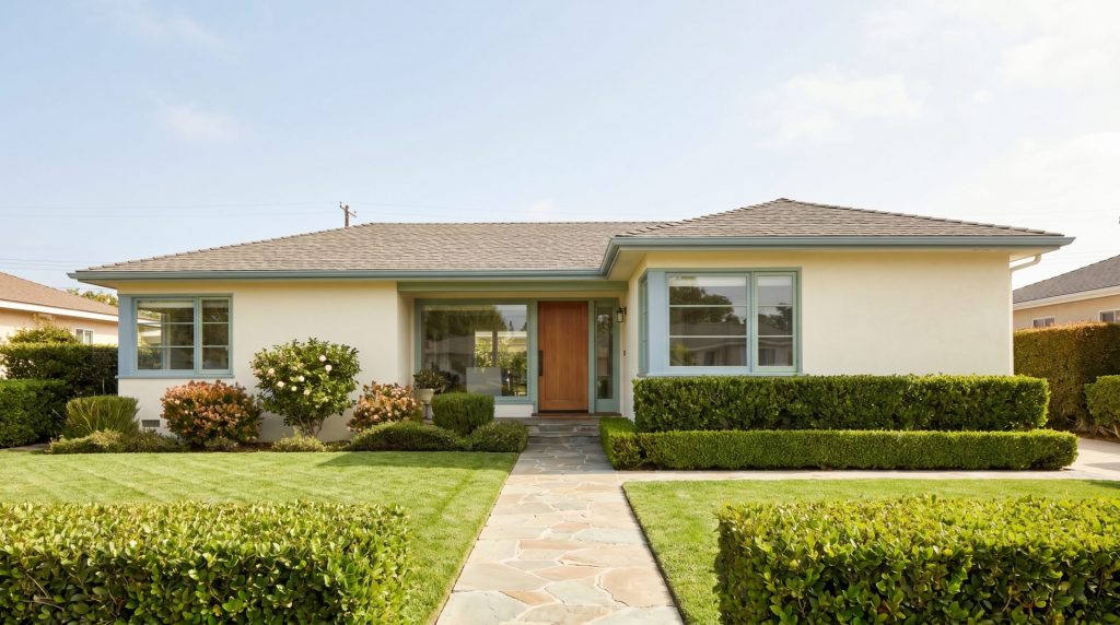 Editorial architectural photograph of a well-preserved detached 1950s house, sho