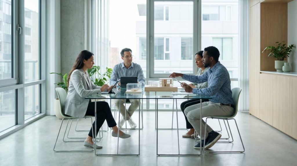 Editorial photograph of a contemporary 2025 meeting room in a sleek apartment bu
