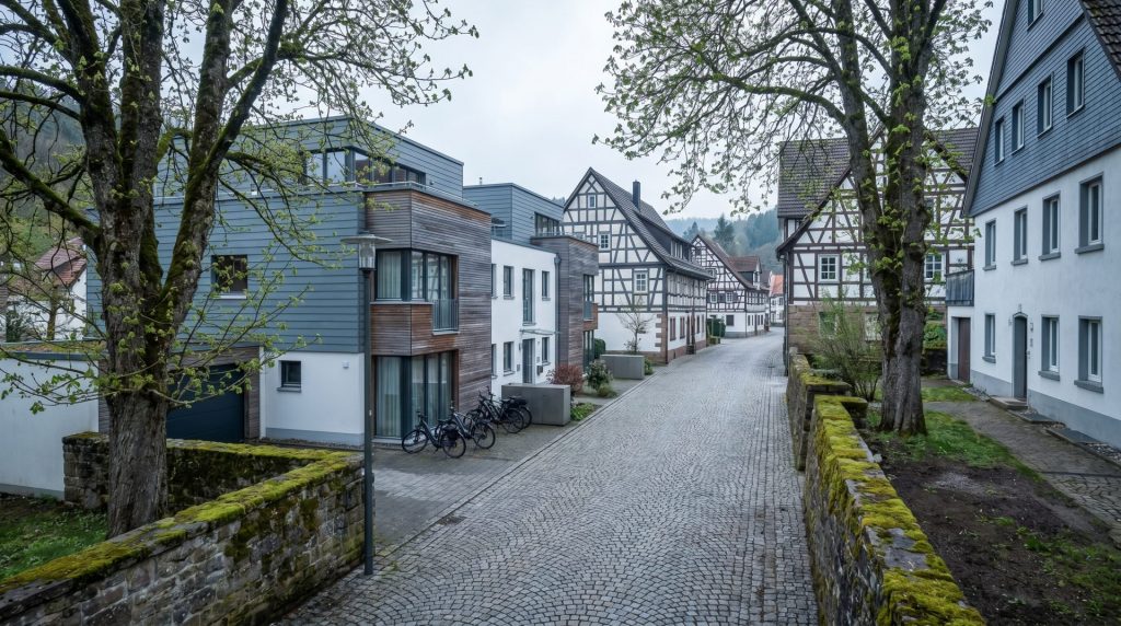 Diese Szene vermittelt die ruhige Wohnatmosphäre und den Charme der Region, was die Sehnsucht nach naturnahem Leben mit guter Infrastruktur anspricht.
