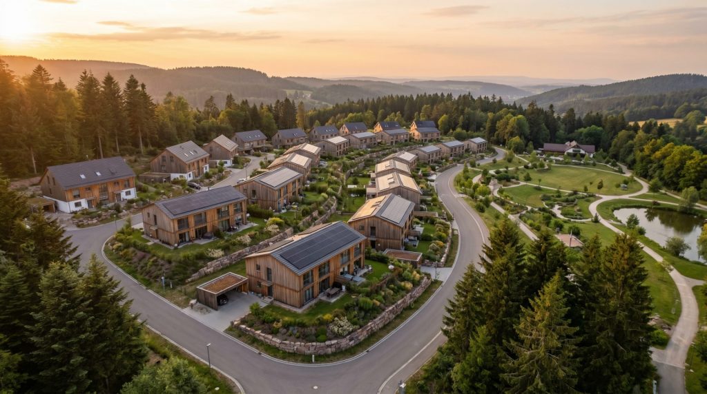 Aerial documentary shot at golden hour over a newly developed residential area o