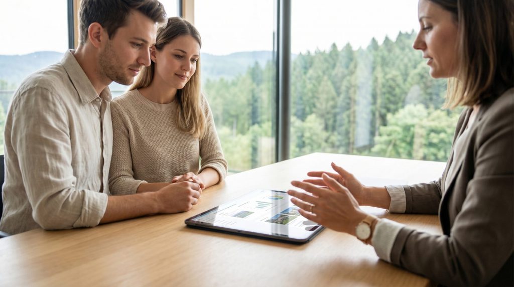 Dieses Bild vermittelt Vertrauen und Kompetenz durch einen modernen, persönlichen Beratungsmoment, der den emotionalen Kern des Immobilienverkaufs als strategischen Prozess hervorhebt.