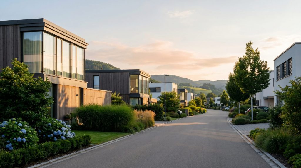 Dieses Bild vermittelt die ruhige, hochwertige Wohnqualität im Murgtal und weckt Vertrauen in die Wertigkeit der Immobilien, während es klar die Gegenwart mit modernen Häusern zeigt.