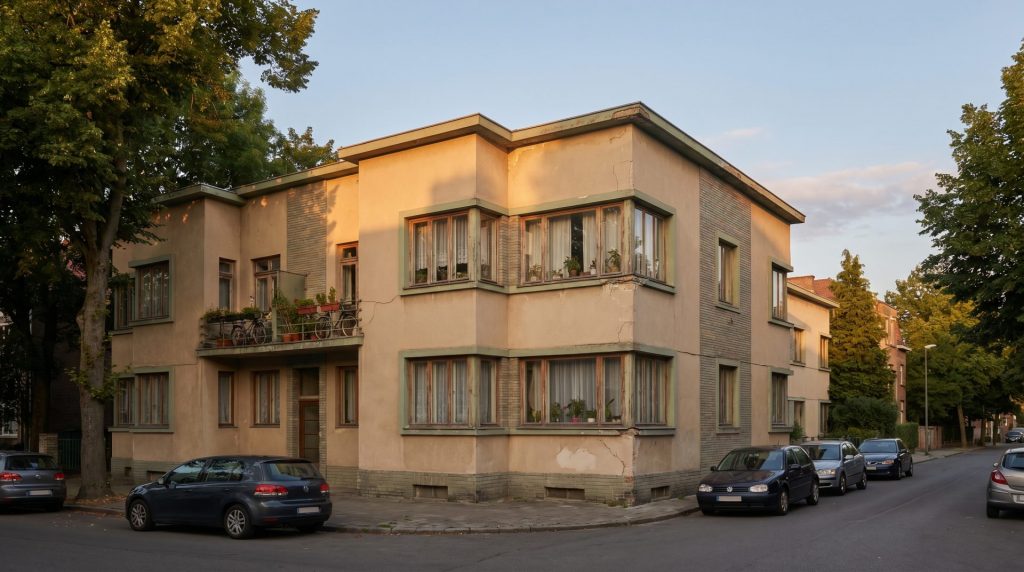 Das Motiv zeigt genau die Art von Objekt, um die es im Artikel geht: ein vermietetes Mehrfamilienhaus mit erkennbarer Nutzung und leichtem Sanierungsstau. Das schöne, warme Licht sorgt dafür, dass das Gebäude sachlich, aber dennoch wertig und verkaufbar wirkt – ideal für einen Beitrag über den Verkauf eines Mehrfamilienhauses mit Mietern.