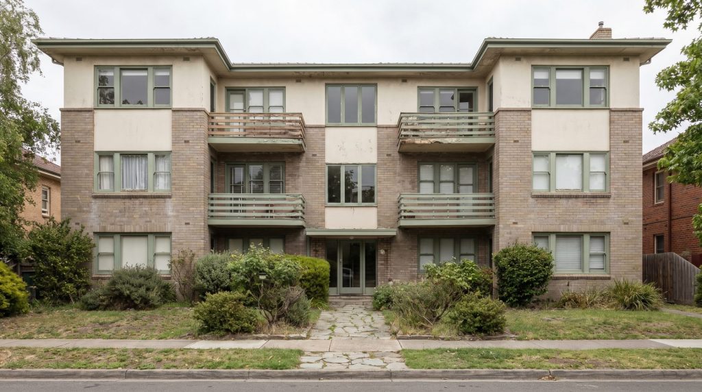 Editorial architectural photograph of a detached 1950s multifamily house with 3–