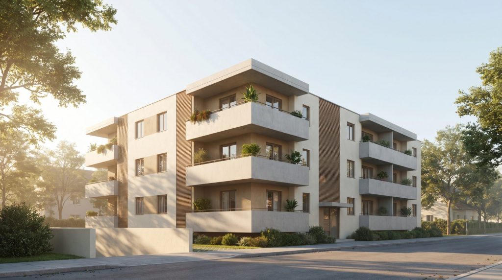 Editorial architectural photograph of a well-kept detached 1960s multifamily apa
