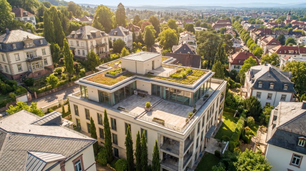 Das Motiv vermittelt sofort Exklusivität, Lagequalität und architektonischen Anspruch – genau die Signale, die zu einem Artikel über den diskreten Verkauf einer Luxusimmobilie in Baden-Baden passen. Die Vogelperspektive zeigt Prestige und Umfeld, ohne aufdringlich zu wirken, und der sonnige, elegante Look unterstreicht Wertigkeit, Ruhe und diskreten Luxus.