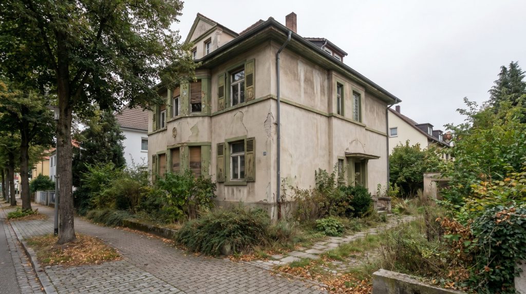 Das Motiv zeigt auf den ersten Blick genau das Thema des Artikels: eine Immobilie in Rastatt mit erkennbarem Sanierungsbedarf. Die ruhige, hochwertige Bildsprache wirkt seriös und vertrauenswürdig und eignet sich ideal für einen Ratgeber rund um den Verkauf eines renovierungsbedürftigen Hauses oder einer Wohnung.